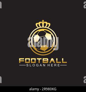 Luxuriöses goldenes Fußball-King-Logo auf schwarzem Hintergrund Stock Vektor