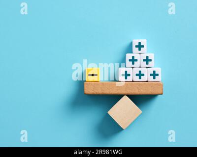 Vor- und Nachteile auf der Waage. Ein Minuspunkt überwiegt viele positive. Vor- und Nachteile. Bewertung von Gewinn und Verlust. Plus- und Minuszeichen ein Stockfoto
