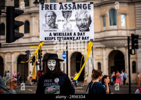 Ein maskierter Demonstrant hält ein Plakat während der "Was zu sagen?" Freier Julian Assange-Protest am Parliament Square in London. „Haben Sie Etwas Zu Sagen?“ Ist eine lebensgroße Bronzeskulptur, in der jeweils drei Figuren dargestellt werden, die auf einem Stuhl des Künstlers Davide Dormino stehen. Der vierte Stuhl ist leer, weil er unser Stuhl ist. Der, auf dem wir uns erheben, um uns auszudrücken oder einfach nur neben Edward Snowden, Julian Assange und Chelsea Manning zu stehen, die den Mut hatten, Nein zu der Einmischung in die globale Überwachung und zu Lügen zu sagen, die zu Krieg führten. Stockfoto