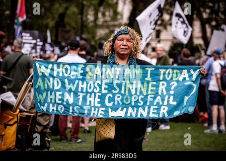 Ein Demonstrant hält ein großes Banner während der "Was zu sagen?" Freier Julian Assange-Protest am Parliament Square in London. „Haben Sie Etwas Zu Sagen?“ Ist eine lebensgroße Bronzeskulptur, in der jeweils drei Figuren dargestellt werden, die auf einem Stuhl des Künstlers Davide Dormino stehen. Der vierte Stuhl ist leer, weil er unser Stuhl ist. Der, auf dem wir uns erheben, um uns auszudrücken oder einfach nur neben Edward Snowden, Julian Assange und Chelsea Manning zu stehen, die den Mut hatten, Nein zu der Einmischung in die globale Überwachung und zu Lügen zu sagen, die zu Krieg führten. Stockfoto