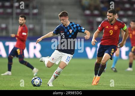 Bukarest, Rumänien. 24. Juni 2023. Mauro Perkovic von Kroatien im Giulesti-Stadion in Bukarest, Rumänien, am 24. Juni 2023 im Rahmen des UEFA-Spiels der Gruppe B für die Europameisterschaft unter 21 Jahren zwischen Spanien und Kroatien. Foto: Eduard Vinatoru/PIXSELL Credit: Pixsell/Alamy Live News Stockfoto