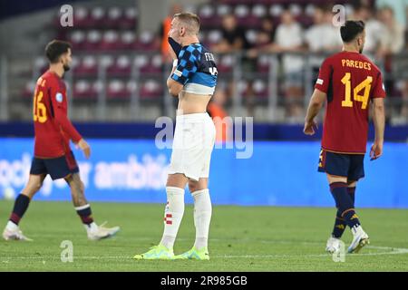 Bukarest, Rumänien. 24. Juni 2023. Matija Frigan von Kroatien reagiert nach dem 21 Spiel der UEFA-Europameisterschaft Gruppe B zwischen Spanien und Kroatien im Giulesti-Stadion in Bukarest, Rumänien, am 24. Juni 2023. Foto: Eduard Vinatoru/PIXSELL Credit: Pixsell/Alamy Live News Stockfoto