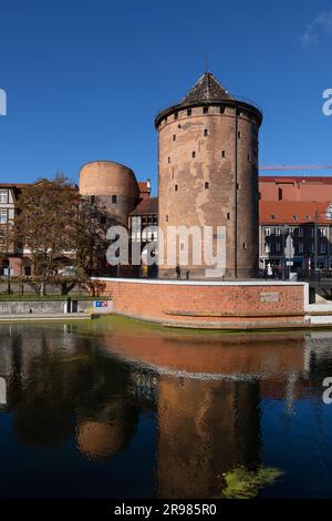 Stadt Danzig, Polen, Stagiewna-Tor (Polnisch: Stągwie Mleczne, Brama Stągiewna) auf der Insel Granary, gotischer Verteidigungsturm in New Motława r Stockfoto