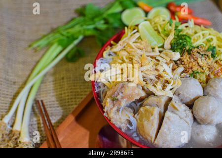 Indonesisches Essen: Fotoprodukte verschiedener Varianten von Fleischbällchen mit unterschiedlichen Layouts und verschiedenen Bildwinkeln in Fotostudio-Qualität Stockfoto