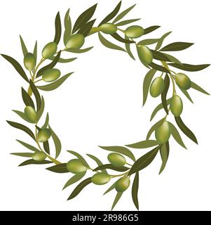 Grüner Kranz mit Olivenzweig und grünen Oliven. Vegetarisches Essen und gesunder Lebensstil. Stock Vektor