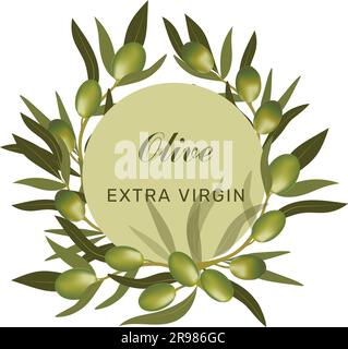 Grüner Kranz mit Olivenzweig und grünen Oliven. Vegetarisches Essen und gesunder Lebensstil. Stock Vektor