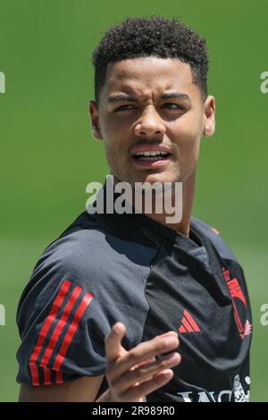 Tiflis, Georgia. 25. Juni 2023. Koni De Winter aus Belgien wurde während eines Trainings der belgischen Fußballmannschaft U21 bei der UEFA-Europameisterschaft Under21 in Tiflis (Georgien) am Sonntag, den 25. Juni 2023, gezeigt. Die UEFA-Europameisterschaft Under21 findet vom 21. Juni bis zum 08. Juli in Georgien und Rumänien statt. Die belgische Mannschaft hat zwei Unentschieden-Ergebnisse und ein letztes Spiel in der Gruppenphase. BELGA FOTO BRUNO FAHY Kredit: Belga News Agency/Alamy Live News Stockfoto