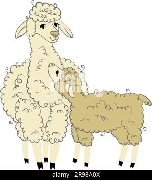 Lama, Mama. Süße flauschige Alpakas. Lustige, lächelnde, gemütliche Tiere. Zeichentrickfigur-Vektorgrafik. Stock Vektor