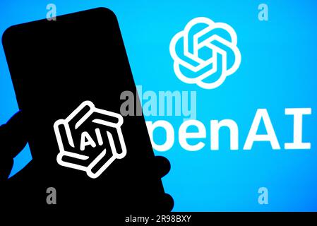 Indien. 24. Juni 2023. In dieser Fotoabbildung wird ein Open AI-Logo auf einem Smartphone und im Hintergrund angezeigt. Kredit: SOPA Images Limited/Alamy Live News Stockfoto