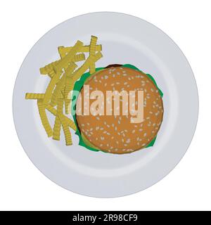 Polygonaler Cheeseburger auf Platte. Polygonaler großer Humburger mit Schnitzeln, Käse, Tomaten, Salat. amerikanisches Essen. Vektor-Darstellungselement mit Humb Stock Vektor