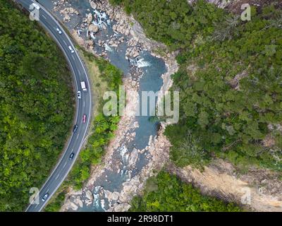 Eine gewundene Straße schlängelt sich durch einen üppigen, grünen Wald in der Karangahake-Schlucht Stockfoto
