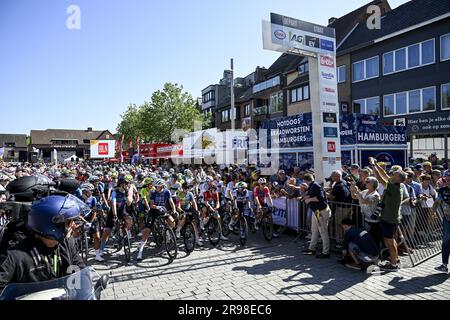 Izegem, Belgien. 25. Juni 2023. Das Bild zeigt den Beginn des Frauenelitenrennen der belgischen Radmeisterschaft, 134 km, 2 km, in Izegem, am Sonntag, den 25. Juni 2023. BELGA FOTO TOM GOYVAERTS Kredit: Belga News Agency/Alamy Live News Stockfoto