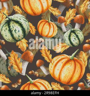 Herbstfarben isoliertes nahtloses Muster mit Kürbissen, Eichenblättern, Eicheln, Pilzen, Boletus, Porcini-Pilze, weißer Hintergrund. Saisonaler Herbst Stockfoto