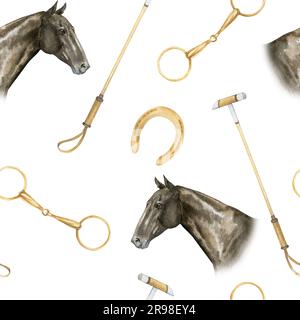Nahtloses minimalistisches Muster mit wasserfarbenen Illustrationen von goldenen Hufeisen und Schnecken, Pferdepolo-Stöcken, Pferdeporträumen, isoliert. Drucken auf Stockfoto