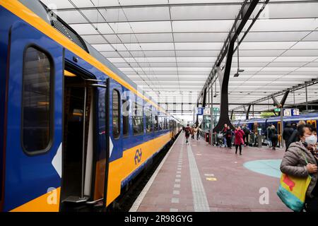 Rotterdam, Niederlande - Oktober 5 2021: Züge an den Bahnhöfen des Rotterdamer Hauptbahnhofs. Intercity- und internationale Züge fahren vom ab Stockfoto