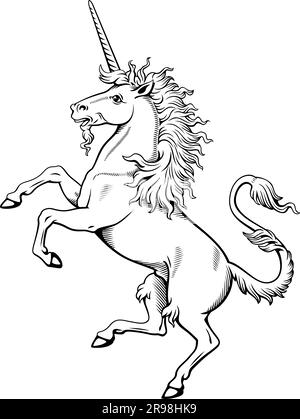 Heraldischer Einhorn-Salient. Tintenstil Gravurvektor Clipart. Alle weißen Teile sind zum Ausmalen erhältlich. Stock Vektor