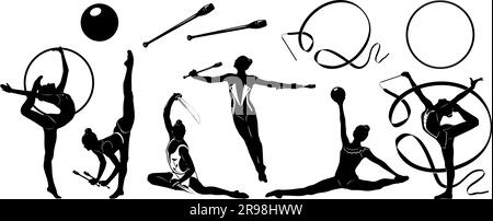 Rhythmisches Gymnastik-Silhouetten-Set isoliert auf Weiß. Frauenfiguren und Turngeräte. Vektor-Cliparts. Stock Vektor