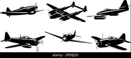 WWII Fighter Planes Silhouetten Kollektion isoliert auf Weiß. Band 2. Vektor-Cliparts. Stock Vektor