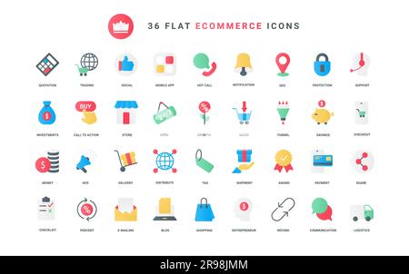 Handel, Unternehmensinvestitionen und Online-Zahlungen, Lieferung und Logistik, Werbung für Rabattprozentsätze im Blog. E-Commerce, Einkaufstechnologie trendige flache Symbole bilden die Vektordarstellung. Stock Vektor