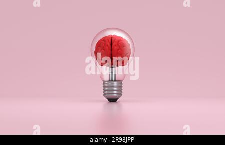 Gehirn in einer Glühbirne auf rosa Hintergrund. Konzept von Inspiration, Kreativität, Idee, Bildung, Innovation. 3D-Rendering. Stockfoto