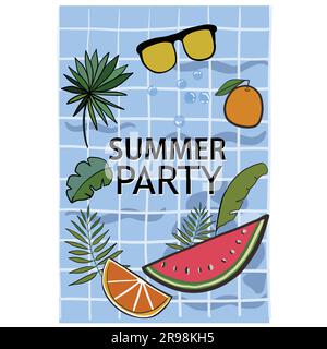 Sommerparty Grußkarte mit Wassermelone und tropischen Blättern. Sommerhintergrund Stock Vektor