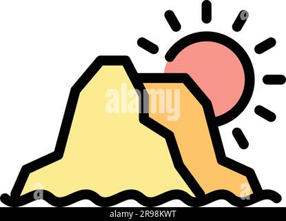 Konturvektor des Inselbergsymbols. Der Himmel über dem See. Insel Berg Sonnenaufgang flach Stock Vektor