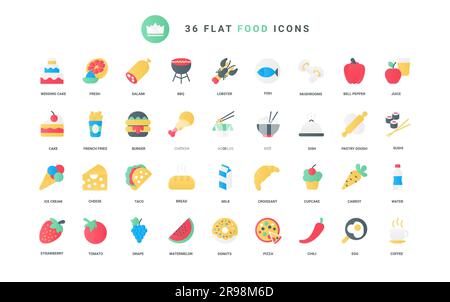 Symbole im Restaurant oder Fast-Food-Café, pommes frites und Huhn, Nudeln, Taco und Pizza, Eiscreme-Croissants und Cupcake mit Kaffee und Saft. Trendige flache Symbole für Lebensmittel stellen eine Vektordarstellung dar Stock Vektor