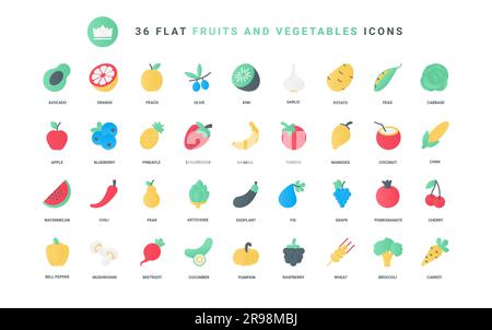 Sammlung frischer Speisen mit Apfel Erdbeere Banane Tomate Kirsche Kokosnuss Wassermelone Avocado Kartoffel Oliven Granatäpfel. Trendige flache Symbole für Obst und Gemüse stellen eine Vektordarstellung dar Stock Vektor