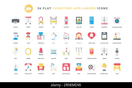 Kaffee- und Waschmaschine, Stuhl und Tisch für den Arbeitsplatz. Wohnmöbel, elektrische Küchengeräte, Haushaltsgeräte und moderne Haushaltsgeräte trendige flache Symbole stellen Vektorbilder dar Stock Vektor