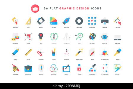 Software und Tools zur Visualisierung des Portfolios von Designern und kreativer Ideen und Projekte, Lineal- und Zauberpinsel, Schere, Schnittgröße und Stift. Grafikdesign trendige flache Symbole stellen die Vektordarstellung ein Stock Vektor