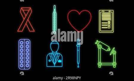 Set von hellen leuchtenden mehrfarbigen medizinischen Neonschildern für eine Apotheke oder Krankenhaus wissenschaftliches Labor wunderschön glänzend mit Medizin Ikonen obj Stock Vektor