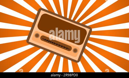 Braun mit gelbem, altem Retro-Antiquitäten-Vintage rechteckiges erstes Hipster-Radio, Musik-Radioempfänger mit rundem Krutelkami auf braunem Hintergrund Stock Vektor