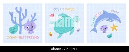 Nautische Poster, Tintenfisch, Seesterne, Seepferdchen Stock Vektor