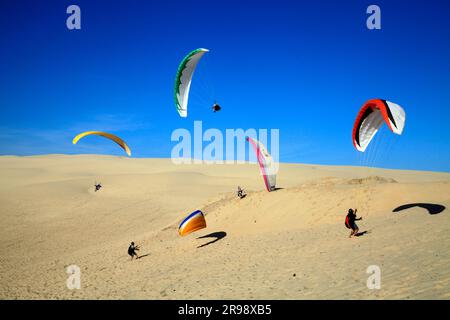 Kostenloser Flug. Paragliding-Schule an der Dune du Pyla. Arcachon, Gironde, Frankreich Stockfoto