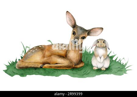 Hirschbabys und Kaninchen auf grünem Gras, Aquarell, Darstellung niedlicher Waldtiere Stockfoto