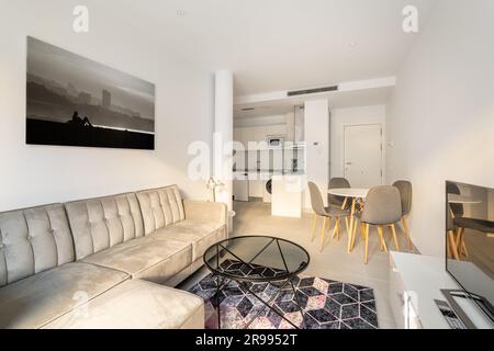 Wohnzimmer – Küche mit Ecksofa, Tischen und Stühlen und Fernseher mit einem Bild auf dem Hintergrund einer Küche und einem Gang im Studio Stockfoto