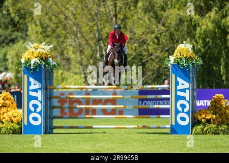 Mario Deslauriers aus Kanada tritt am 4. Juni 2023 beim FEI Nations Cup in Langley, B.C., an. Stockfoto