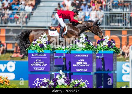 Mario Deslauriers aus Kanada tritt am 4. Juni 2023 beim FEI Nations Cup in Langley, B.C., an. Stockfoto