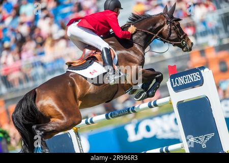 Mario Deslauriers aus Kanada tritt am 4. Juni 2023 beim FEI Nations Cup in Langley, B.C., an. Stockfoto