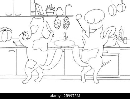 Katzen kochen in der Küche Grafik schwarz-weiß Haus Skizze Zeichnung Vektor Stock Vektor