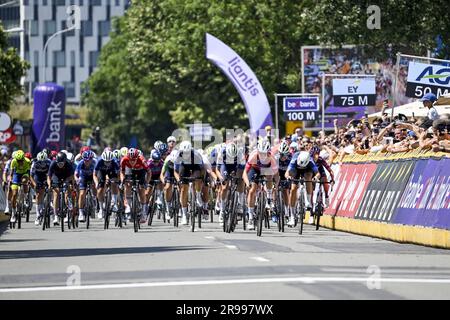 Izegem, Belgien. 25. Juni 2023. Die belgische Lotte Kopecky von SD Worx gewinnt am Sonntag, den 25. Juni 2023, das Frauenelitenrennen der belgischen Radmeisterschaft, 134 km, 2 km, in Izegem. BELGA FOTO TOM GOYVAERTS Kredit: Belga News Agency/Alamy Live News Stockfoto