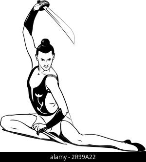 Rhythmische Gymnastik, Zirkus. Mädchen mit Schwert und Dolch. Konturzeichnung Für Vektor-Tintenstil. Schatten ist das separate Objekt. Stock Vektor