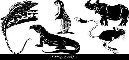 Tierische Silhouetten auf weiß isoliert. Basiliskenechse, Eichhörnchen, Komodo Waran, Jerboa, Rhinozeros. Vektor-Cliparts. Stock Vektor