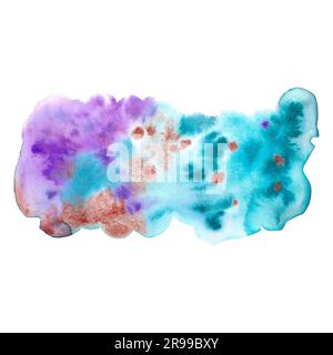 Handgezeichneter, abstrakter, lila und blauer, wasserfarbiger Hintergrund, isoliert auf weiß. Kann für Postkarten, Sammelalben und Banner verwendet werden Stockfoto