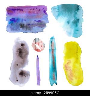 Handgezeichnete Aquarelle mit abstrakten Hintergründen, isoliert auf Weiß. Kann für Postkarten, Sammelalben und Banner verwendet werden Stockfoto
