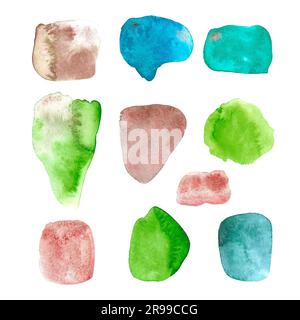 Handgezeichnete Aquarelle mit abstrakten Hintergründen, isoliert auf Weiß. Kann für Postkarten, Sammelalben und Banner verwendet werden Stockfoto
