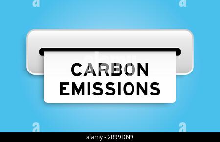 Weißes Coupon-Banner mit dem Wort Kohlenstoffemissionen von Maschinen auf blauem Hintergrund Stock Vektor