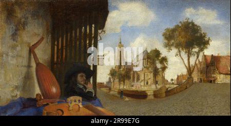 Blick auf Delft mit einem Stand für Musikinstrumente. Carel Fabritius. 1652. Stockfoto
