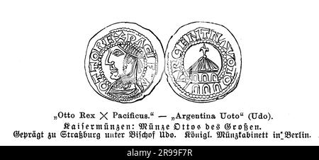 Königliche Münze von Otto, dem Großen Heiligen Römischen Kaiser, der alle deutschen Stämme in einem einzigen Königreich vereinigte, und Bischof Udo von Straßburg, geprägt in Strabourg aus dem 10. Jahrhundert Stockfoto