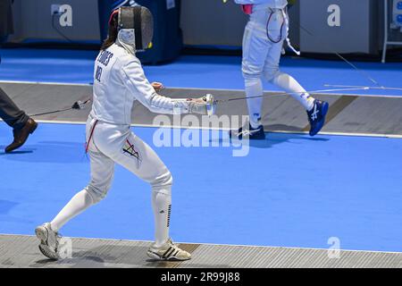 Krakau, Polen. 25. Juni 2023. Der moderne Pentathlon-Athlet Anais Eudes wurde am Sonntag, den 25. Juni 2023, bei den Europaspielen in Krakau, Polen, beim Fechtereignis des modernen Fünfkampfes gezeigt. Die Europaspiele 3., informell bekannt als Krakau-Malopolska 2023, sind eine geplante internationale Sportveranstaltung, die vom 21. Juni bis 02. Juli 2023 in Krakau und Malopolska, Polen, stattfindet. BELGA PHOTO TEAM BELGIEN Kredit: Belga News Agency/Alamy Live News Stockfoto